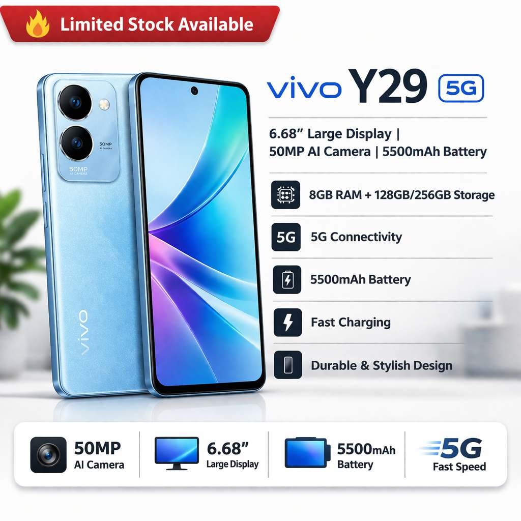 Vivo Y29 5G Smartphone with 6.68-inch Display, 50MP Camera, 8GB RAM, 128GB/256GB Storage, 5500mAh Battery